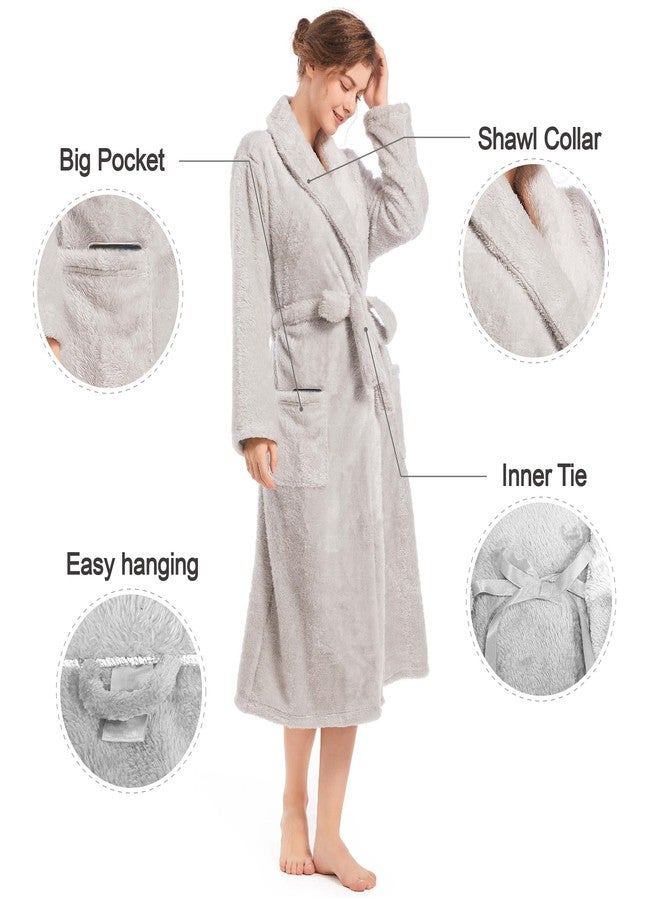 Inner Wish Womens Plush Fleece Robe, Cozy Warm Bathrobe Fuzzy Female Spa Robe With Pockets, LIGHT GREY,L/XL - Image 5